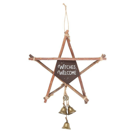 30CM WITCHES WELCOME WILLOW PENTAGRAM SIGN WITH BELLS - The Hare and the Moon