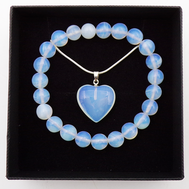 8mm Opalite Bead Bracelet & Heart Pendant Set In Gift Box - Gift3