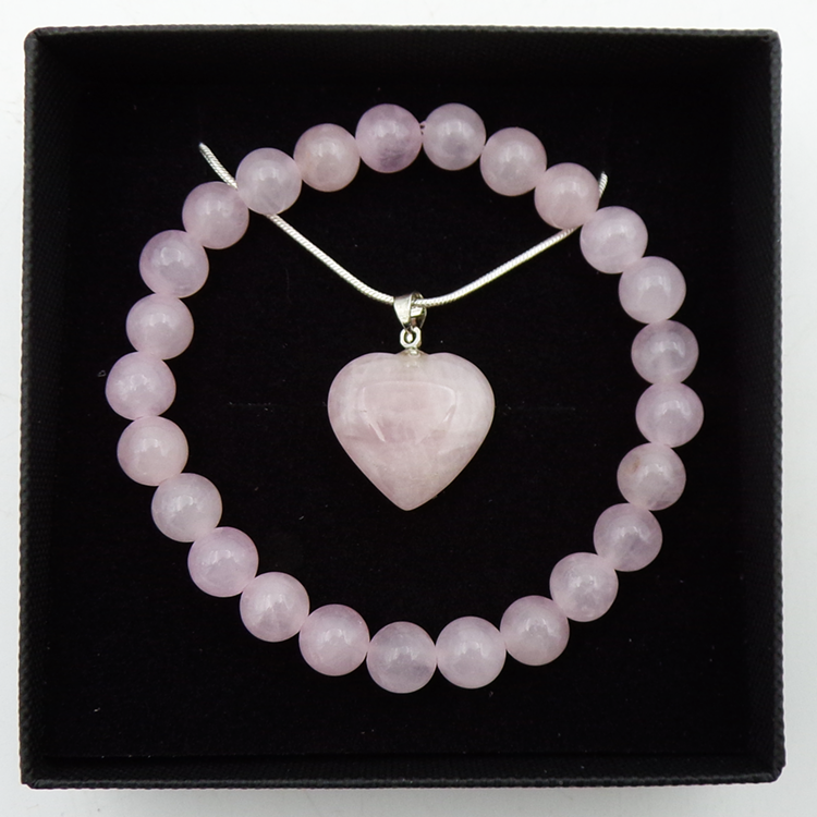 8mm Rose Quartz Bead Bracelet & Heart Pendant Set In Gift Box