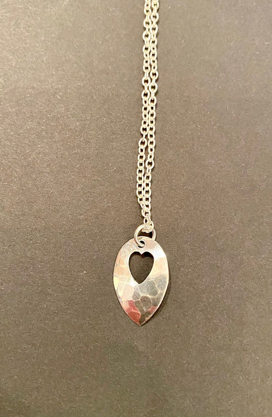 925 Hammered Petal, Cut-out Heart Pendant & Chain Necklace - AN247 - The Hare and the Moon