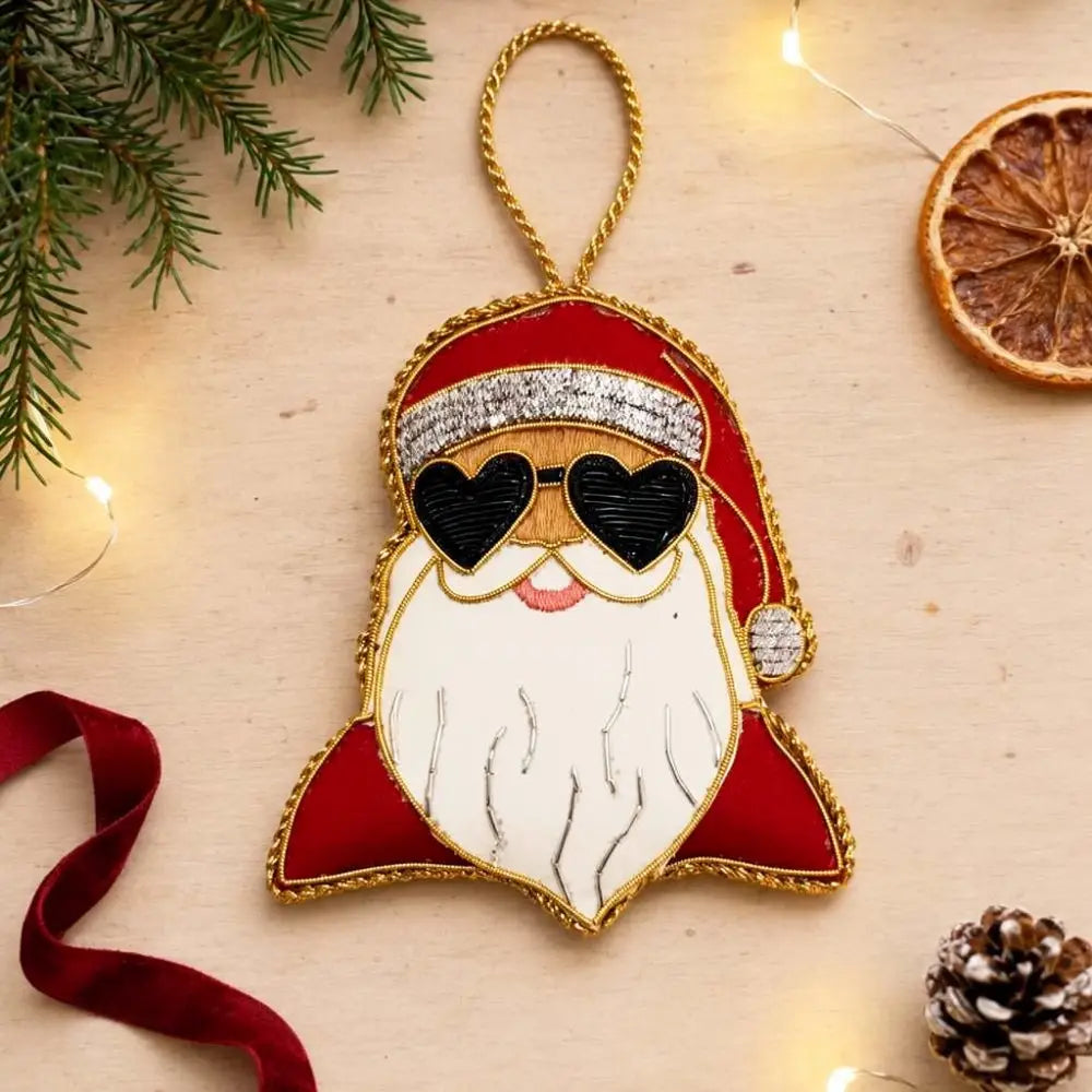 Hanging Decoration Embroidered Santa with Heart Sunglasses - NEHU174