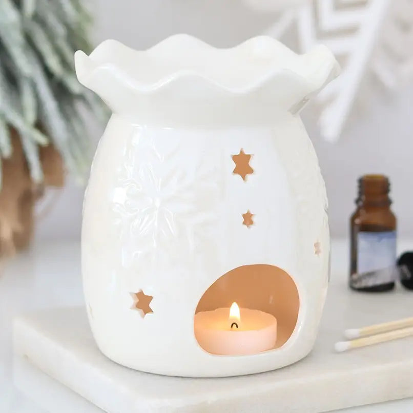Iridescent White Snowflake Winter Oil Burner and Wax Warmer