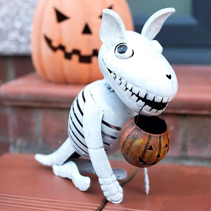Metal Skeleton Dog Ornament with Pumpkin