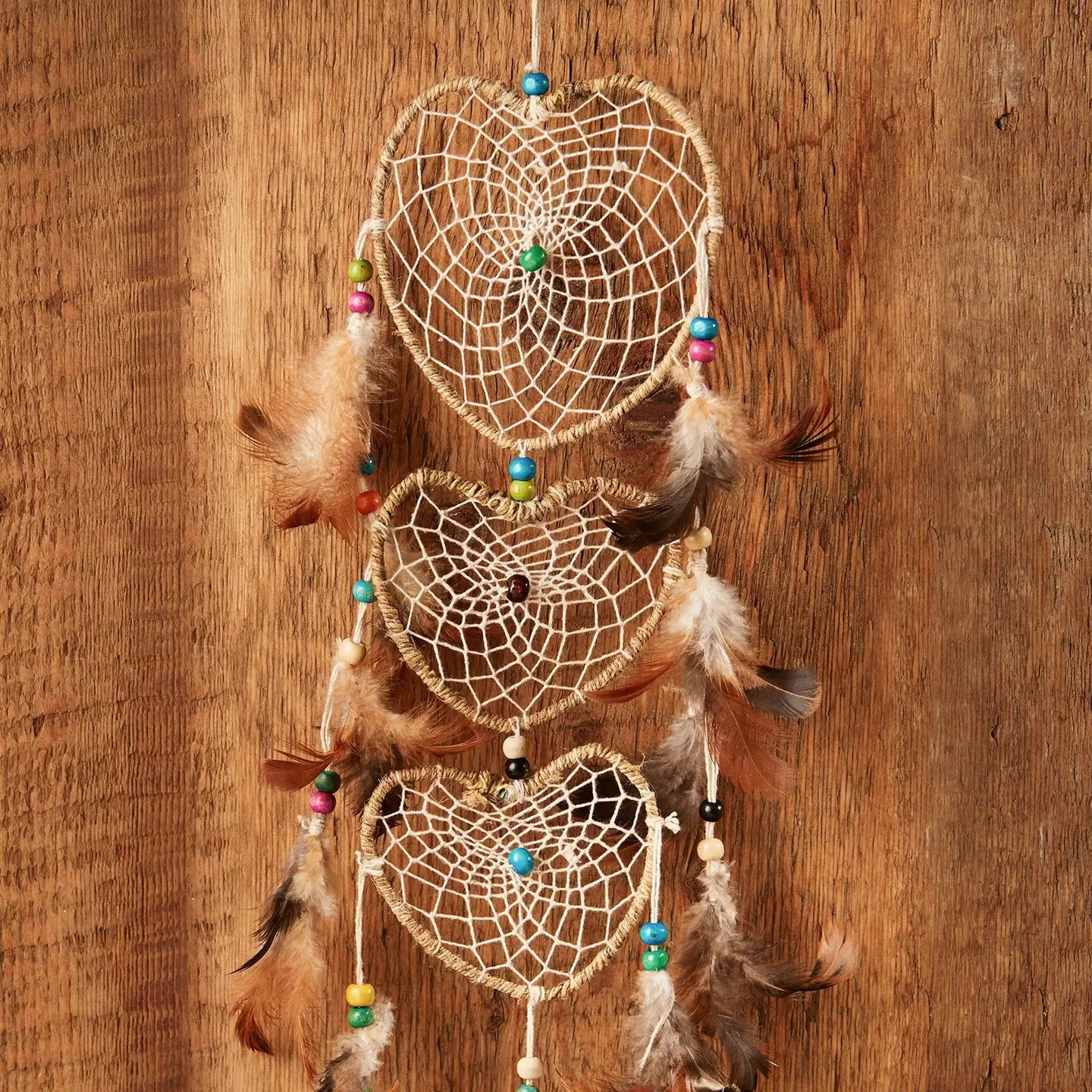 Natural Hemp 3-Heart Dreamcatcher with Beads-DCAT32