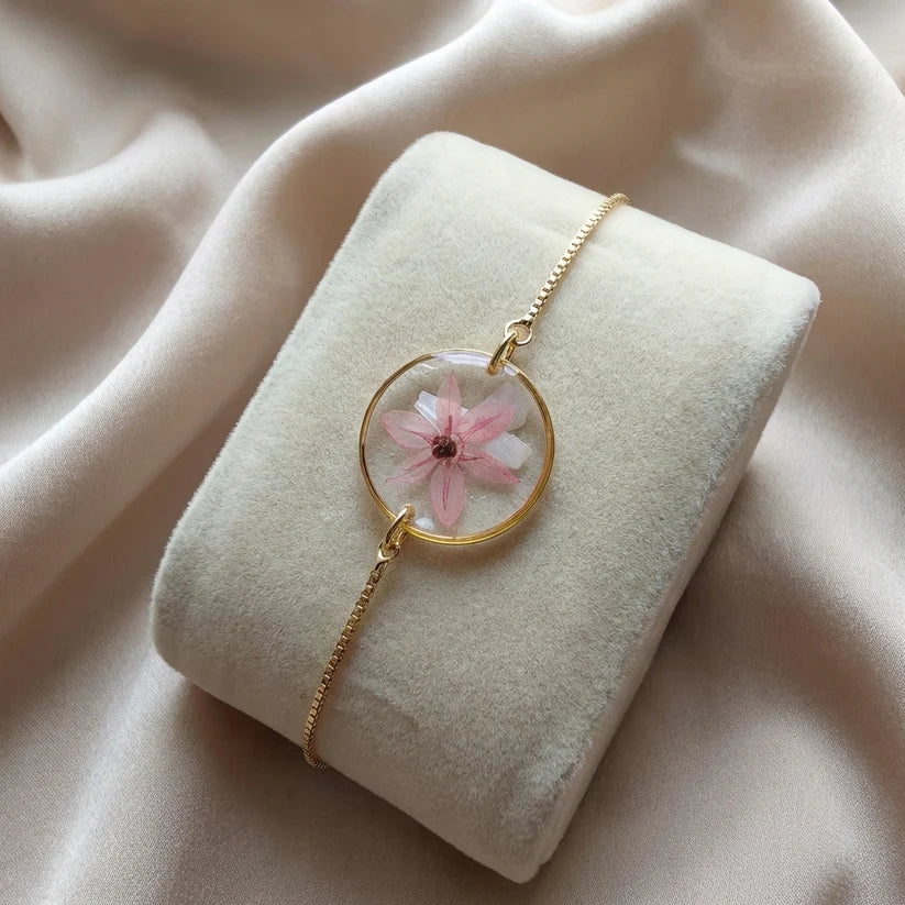 Pink Chive Blossom Gold Plated Adjustable Bracelet with Mother of Pearl - Work By Nature - F-CP-20F-B-18