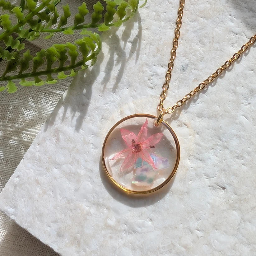 Pink Chive Blossom Gold Plated Stainless Steel Necklace - Work By Nature - F-CP-20F-N-18