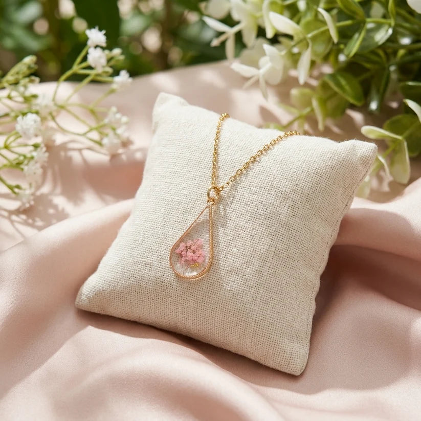 Pink Queen Anne’s Lace Teardrop Gold Plated Necklace - Work By Nature - F-QP-W-N-18