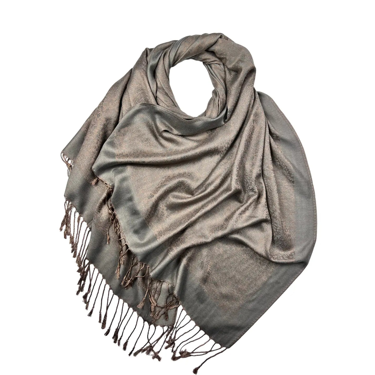 Plain Pashmina with Paisley Print Finished with Fringes - PASH 405 GREY