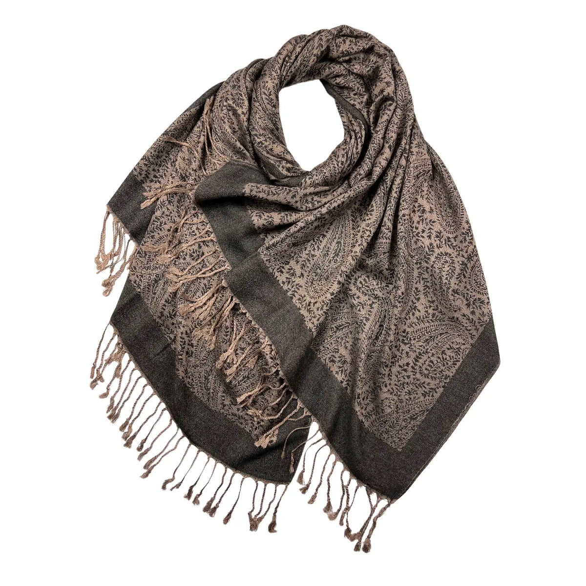 Plain Pashmina with Paisley Print Finished with Fringes - PASH 405 BLACK