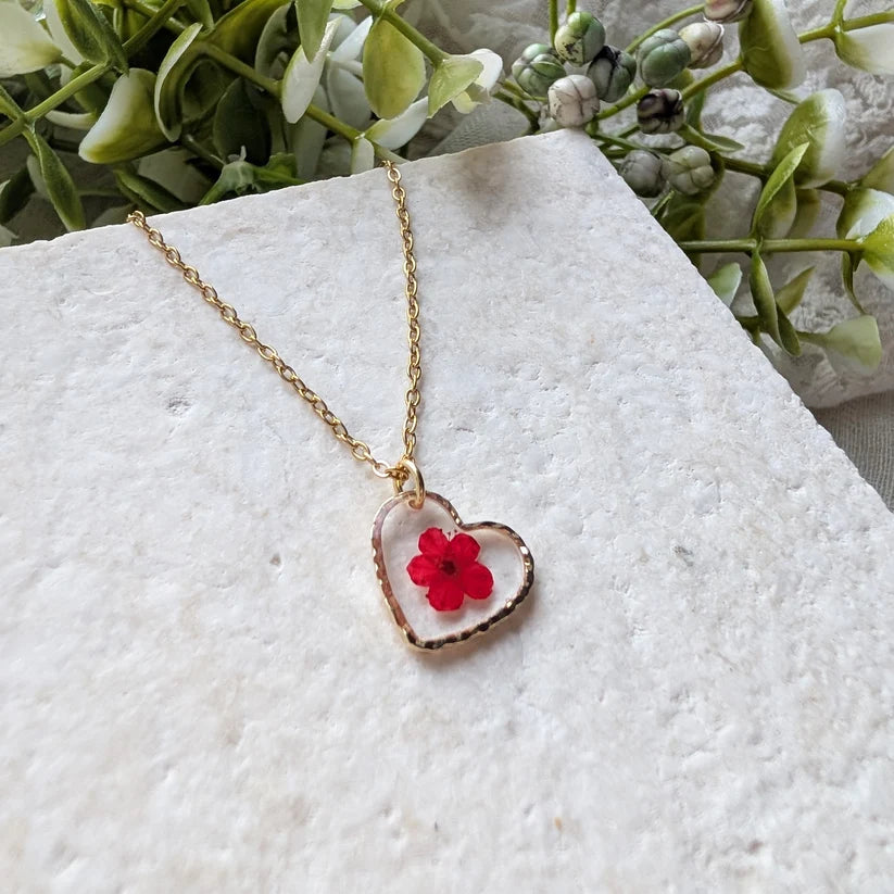 Red Spiraea Heart Gold Plated Stainless Steel Necklace - Work By Nature - F-SR-H-N-18