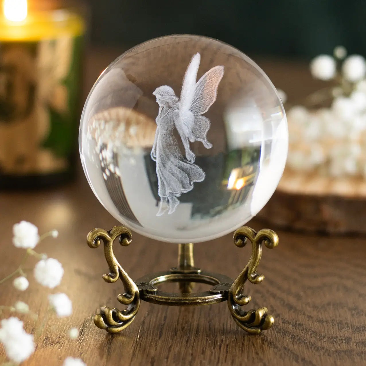 Stardust Fairy Laser Engraved Glass Crystal Ball and Stand