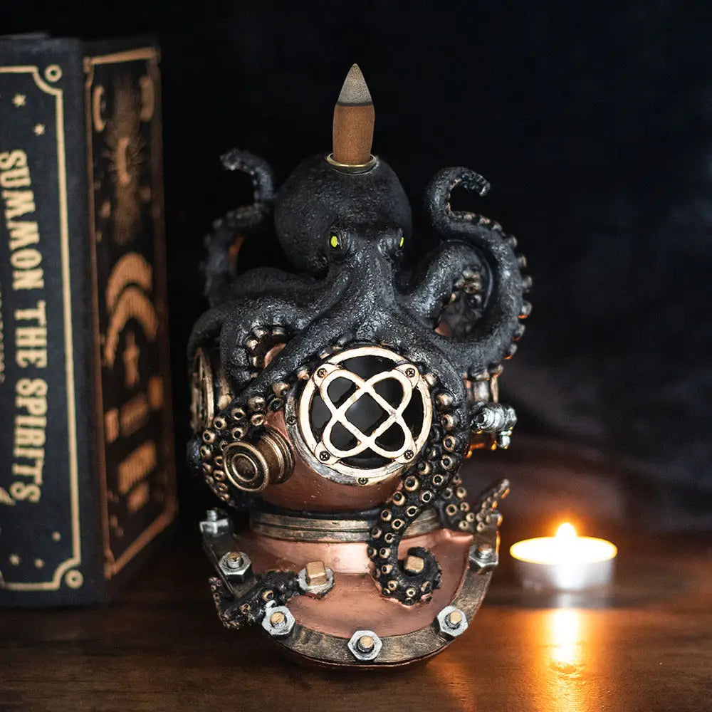 Steampunk Kraken On Diver's Helmet Backflow Incense Burner