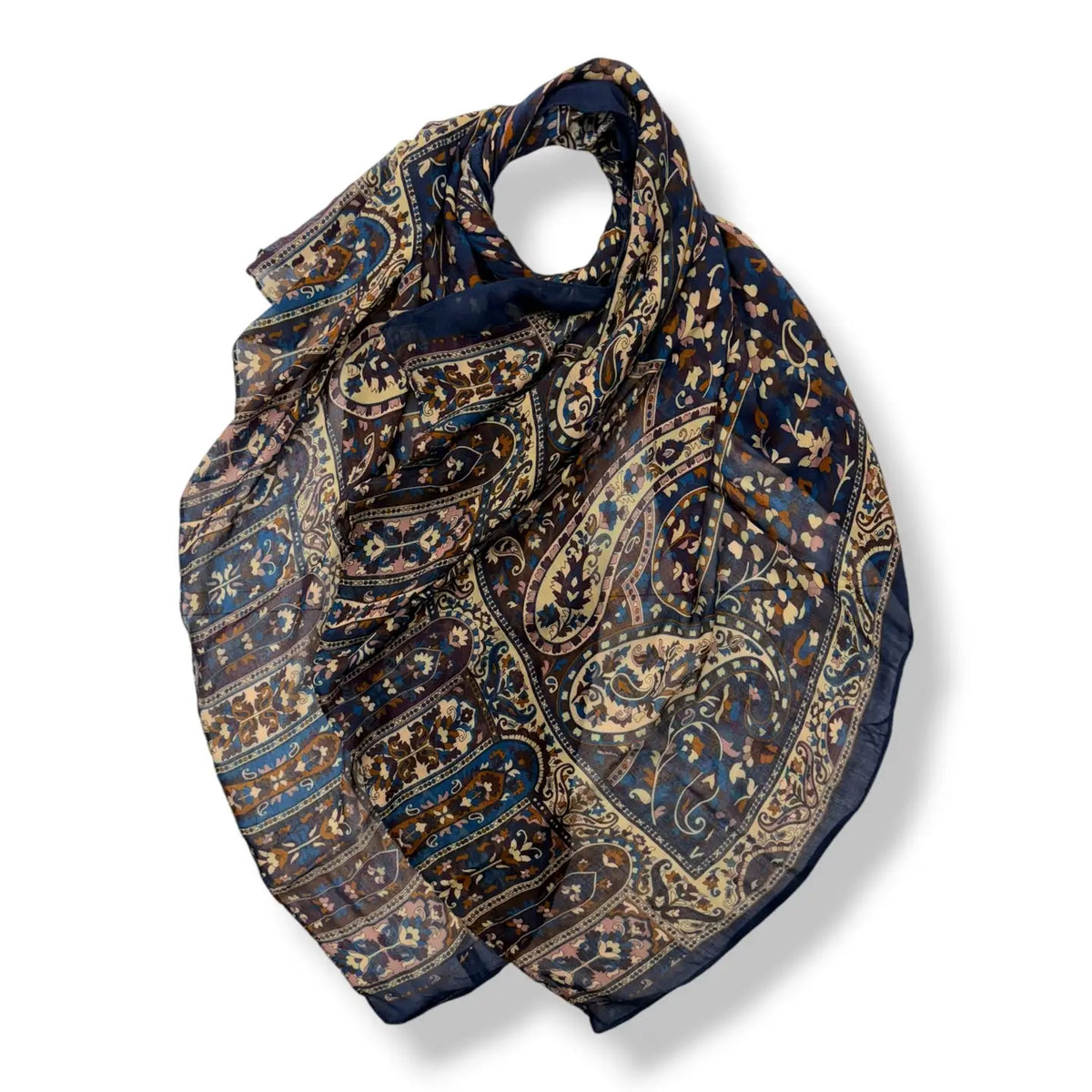 Vintage Paisley Print Lightweight Scarf with Contrast Border - PASH BIG PAISLEY NAVY