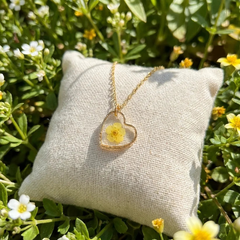 Yellow Spiraea Heart Gold Plated Stainless Steel Necklace - Work By Nature - F-SY-H-N-18
