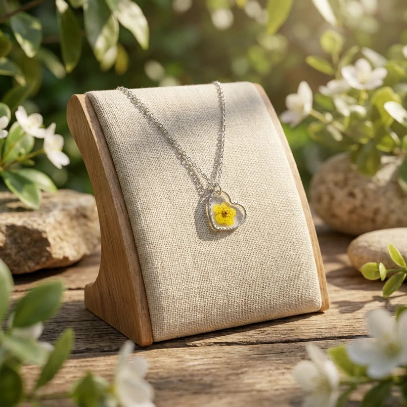 Yellow Spiraea Heart Stainless Steel Necklace - Work By Nature - F-SY-H-N-SS
