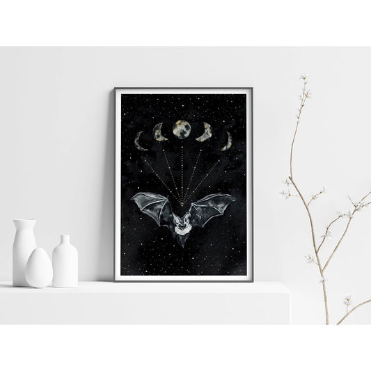 Bat and Moon Phases Witchy Art Print - FF1 - The Hare and the Moon