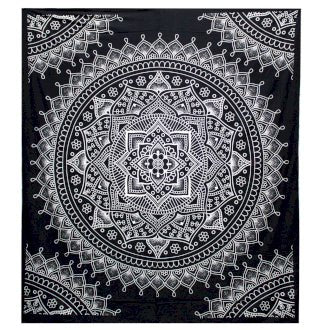 B&W Double Cotton Bedspread + Wall Hanging - Lotus Flower - The Hare and the Moon