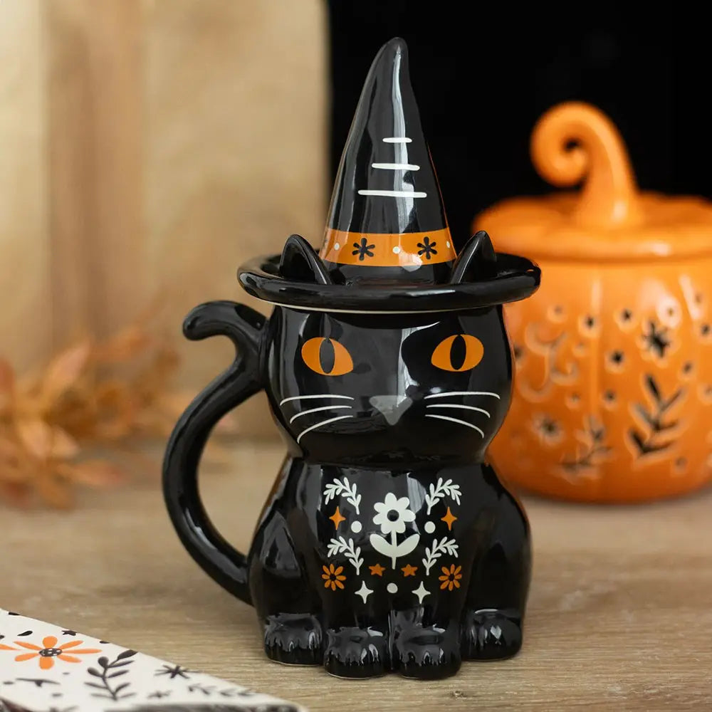 Frightful Folk Black Cat Halloween Lidded Mug