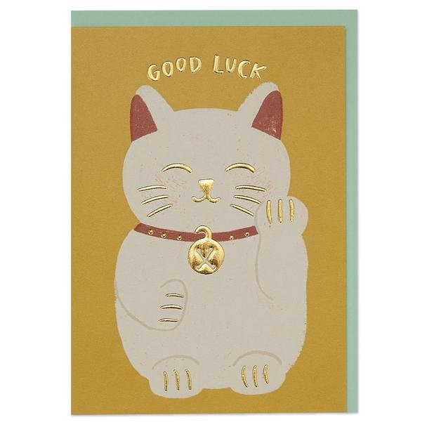Cute lucky cat 'good luck' card Greeting Card - WHM59 - The Hare and the Moon