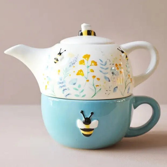 Floral Ceramic Teapot and Mug Set - Bee Print - Cornflower Blue - The Hare and the Moon