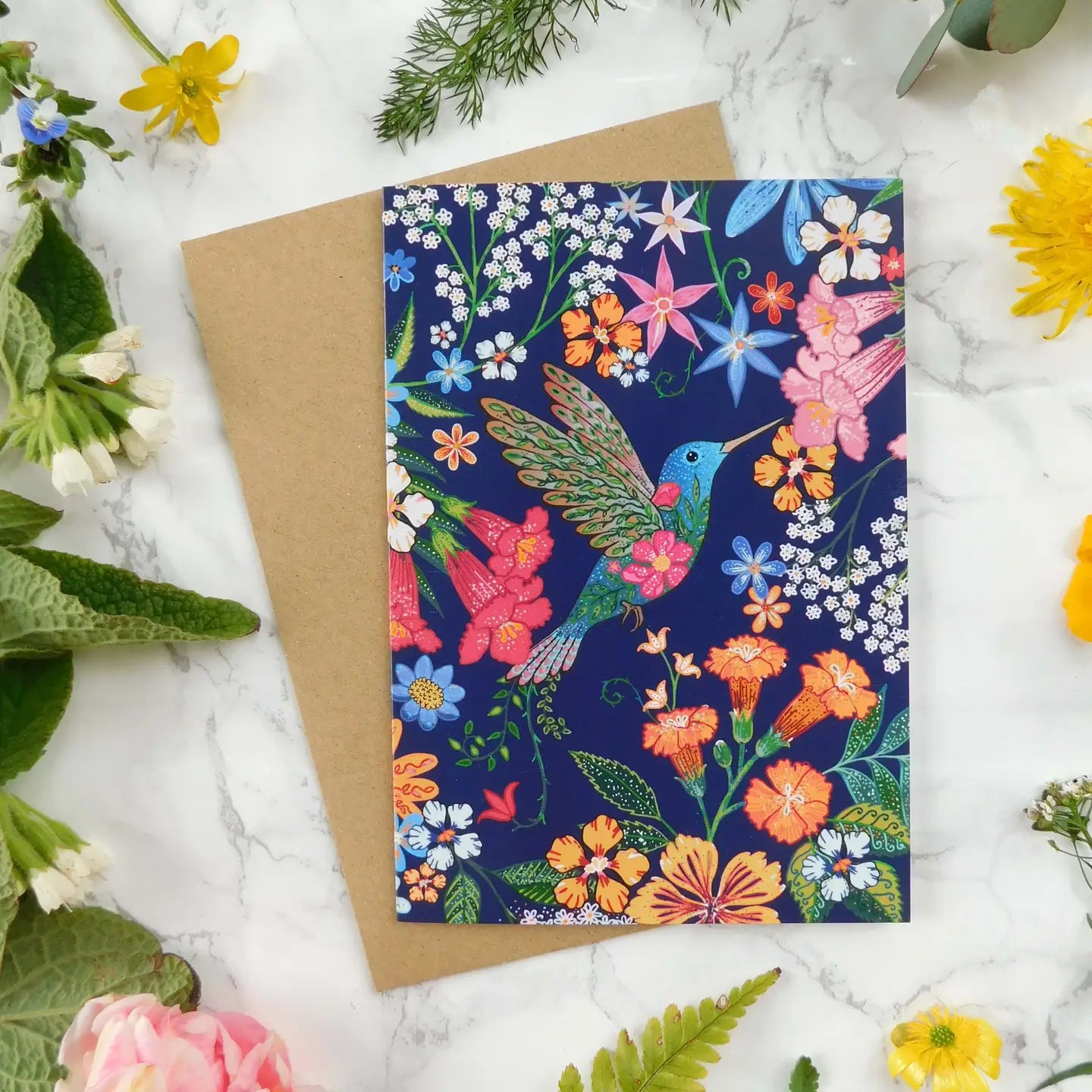 Hummingbird and Flowers Greetings Card - CA30