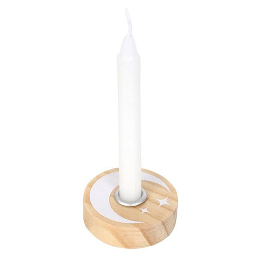 NATURAL WOODEN MYSTICAL MOON SPELL CANDLE HOLDER - The Hare and the Moon