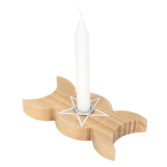 NATURAL WOODEN TRIPLE MOON SPELL CANDLE HOLDER - The Hare and the Moon