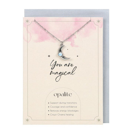 OPALITE CRESCENT MOON NECKLACE CARD - The Hare and the Moon