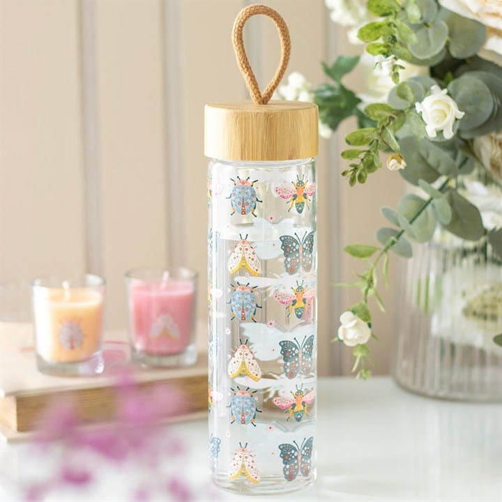 Jones Home & Gift Water Bottles FLORAL BUG PRINT GLASS WATER BOTTLE