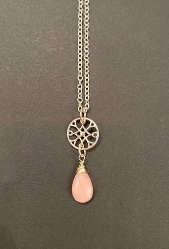 Pink Opal Wire-Wrapped Briolette & 925 Coin Connector Necklace - AN274 - The Hare and the Moon