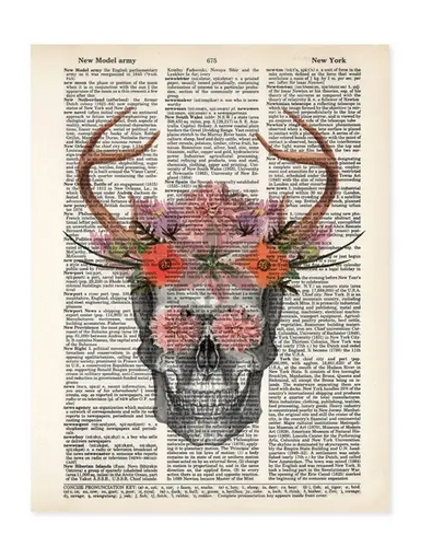 Skull with Watercolor Antlers and Flowers - BP85 - The Hare and the Moon