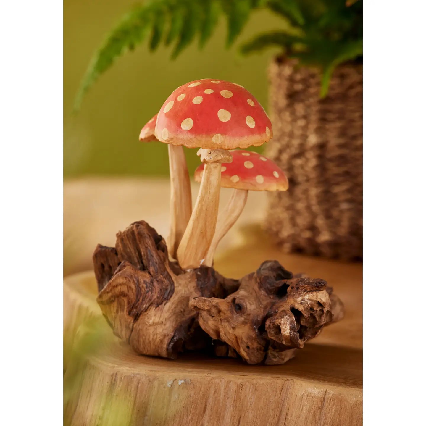 3 Mushrooms Handcarved On Wooden Base