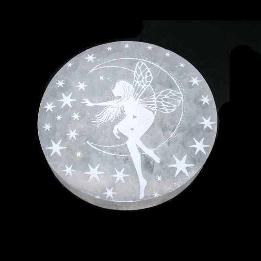 4 inch Fairy Round Selenite Charging Moroccan Plate - Stone of Cleansing & Neutralising - SEL1 - The Hare and the Moon