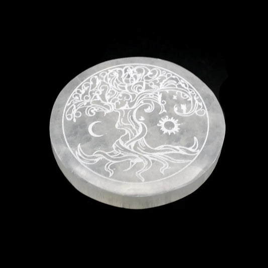 4 inch Tree of Life Round Selenite Charging Moroccan Plate - Stone of Cleansing & Neutralising - SEL4 - The Hare and the Moon