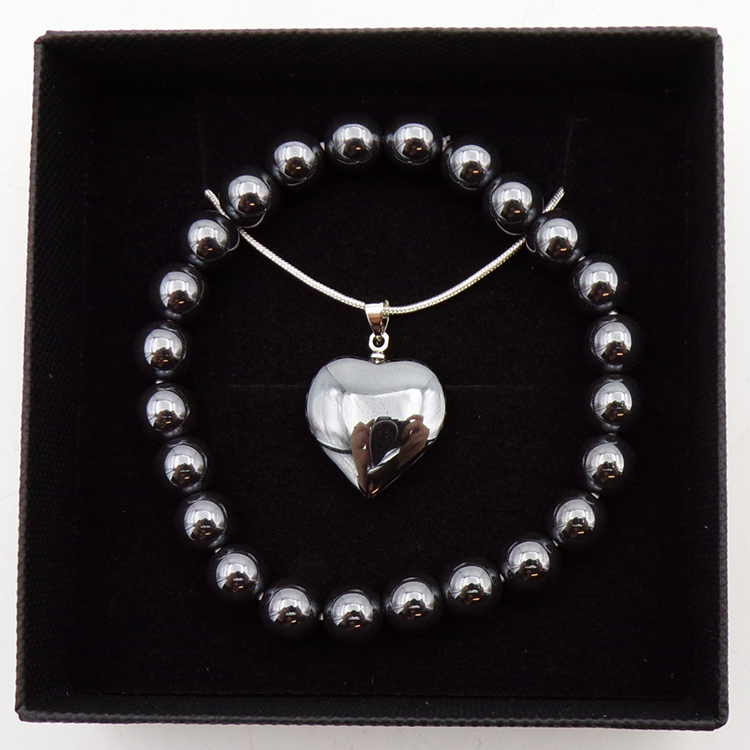8mm Hematite Bead Bracelet & Heart Pendant Set In Gift Box - GSET1