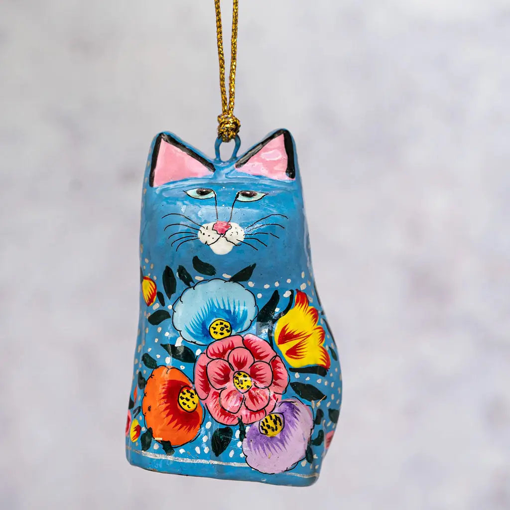 Blue Indian Floral Hanging Cat Ornament - BLUEINDIANCAT