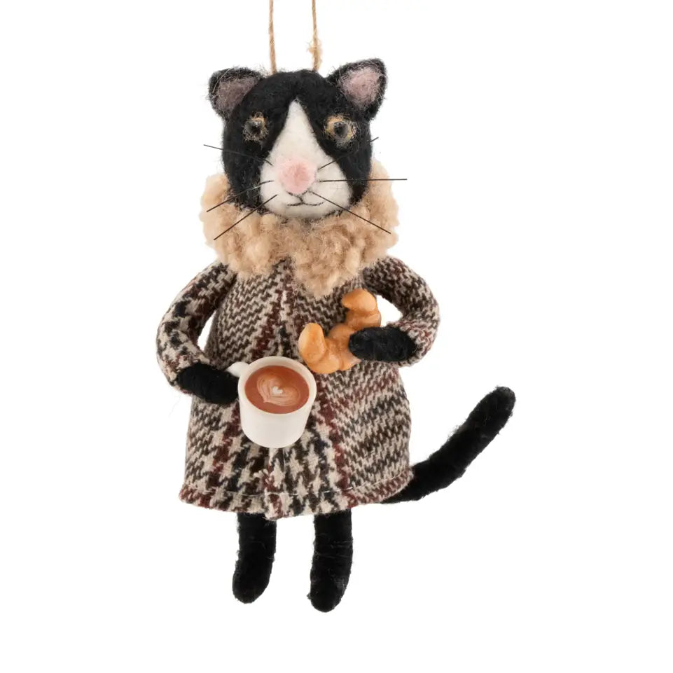 Cat with Coffee and Croissant Felt Decoration - FELTXM236