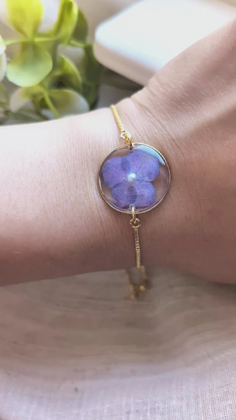 Purple Hydrangea Gold Plated Adjustable Bracelet with Pearl  - Work By Nature - F-HP-20F-B-18