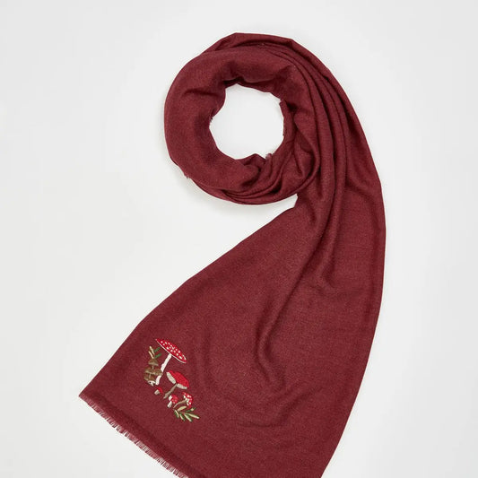 Fable Mushroom Embroidered Burgundy Pashmina Scarf - 49132