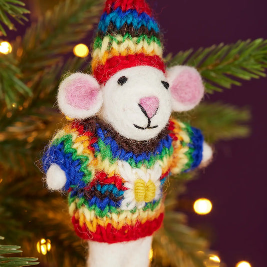 Felt Mouse in Rainbow Jumper Decoration - HDEC157