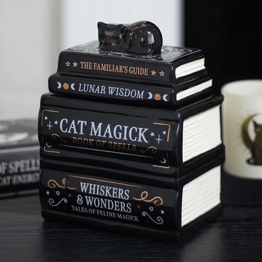 Magic Black Cat Book Stack Oil Burner with Cat