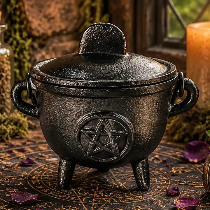Medium Cast Iron Cauldron with Pentagram - 40121