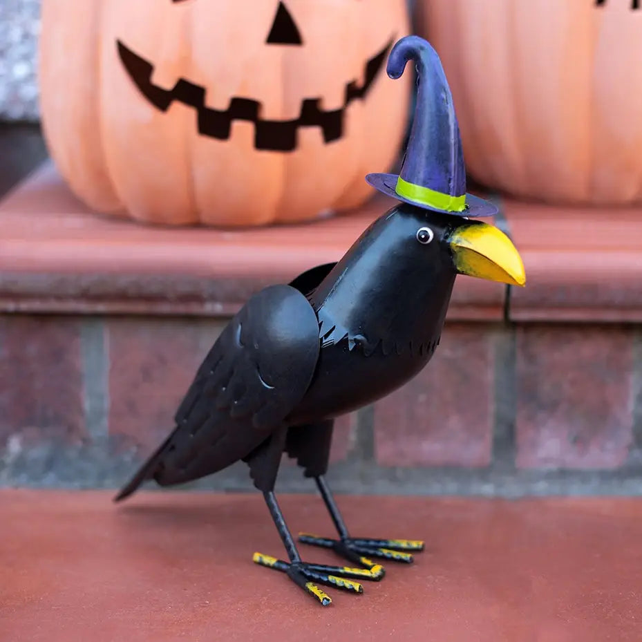 Metal Raven Ornament with Witch Hat