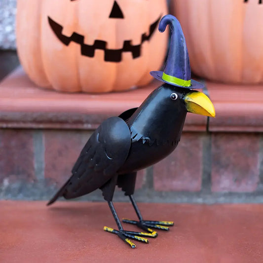 Metal Raven Ornament with Witch Hat