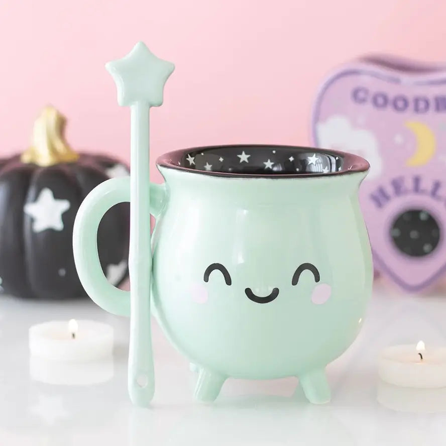 Mint Green Kawaii Cauldron Halloween Mug with Wand Stirrer