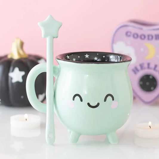 Mint Green Kawaii Cauldron Halloween Mug with Wand Stirrer