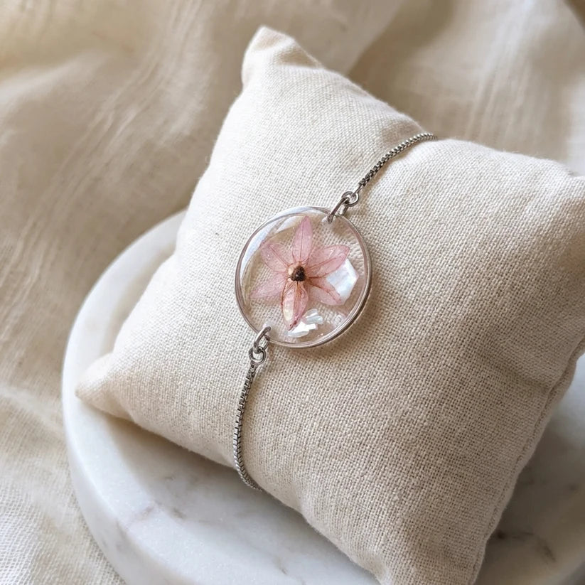 Pink Chive Blossom Platinum Plated Adjustable Bracelet with Mother of Pearl - Work By Nature - F-CP-20F-B-P