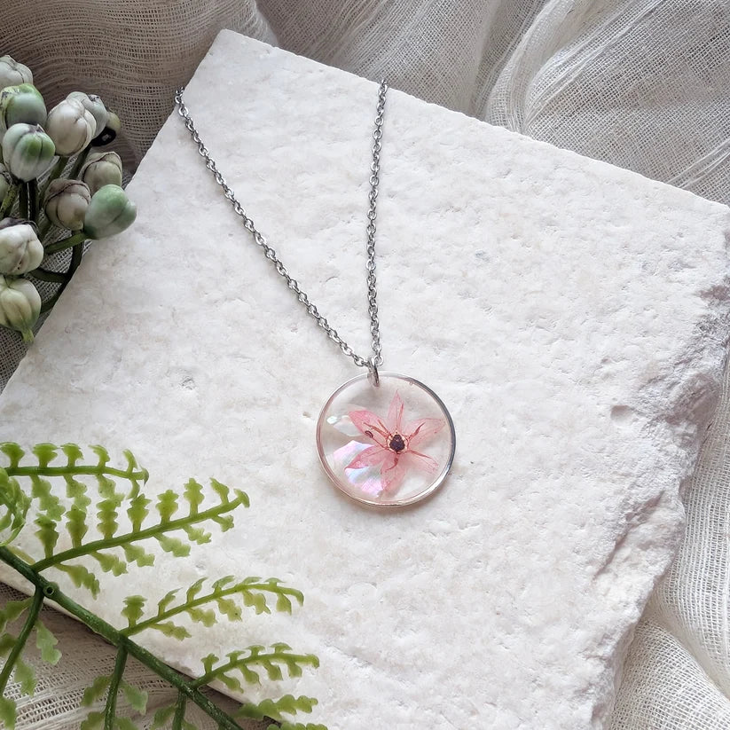 Pink Chive Blossom Stainless Steel Necklace  - Work By Nature - F-CP-20F-N-SS