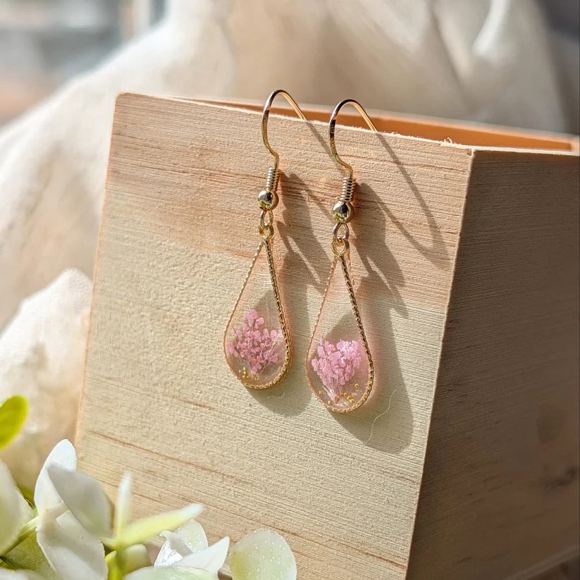 Pink Queen Anne’s Lace Waterdrop Gold Plated Earrings - Work By Nature - F-QP-W-EW-14