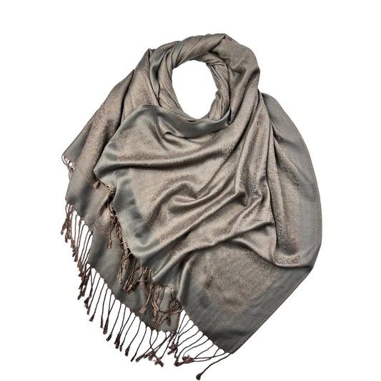 Plain Pashmina with Paisley Print Finished with Fringes - PASH 405 GREY